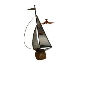 Vtg Mario Jason Metal Brass Copper Sailboat Sculpture Stone Signed Nautical MCM